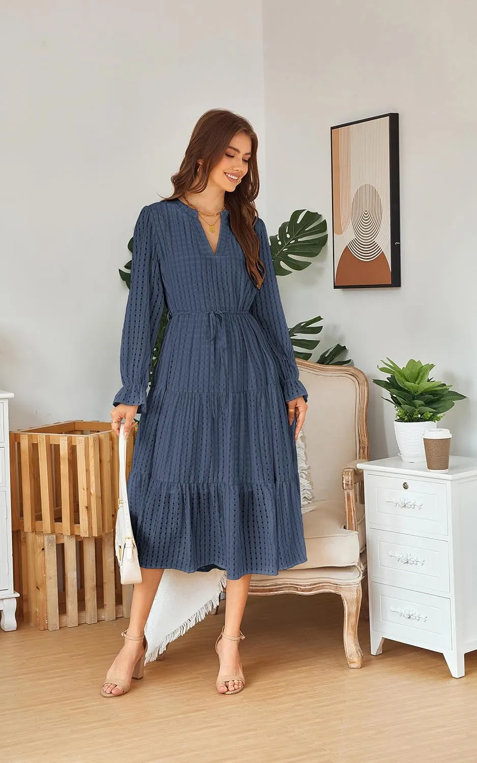 ECOWISH Women Summer Casual Dress - V Neck Short Sleeve Gingham Midi Pleated Tiered Loose Fit Holiday Picnic Dresses