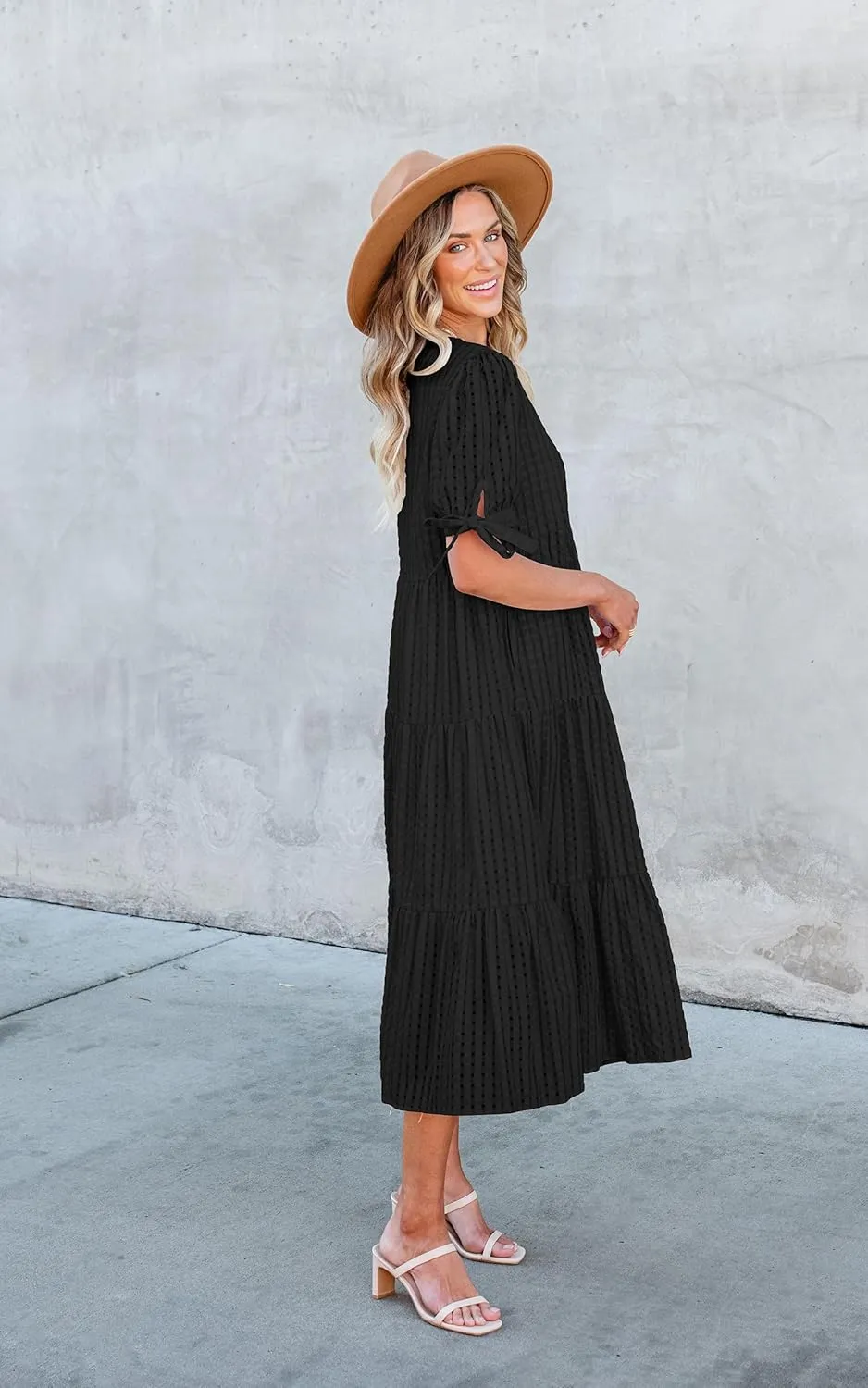 ECOWISH Women Summer Casual Dress - V Neck Short Sleeve Gingham Midi Pleated Tiered Loose Fit Holiday Picnic Dresses