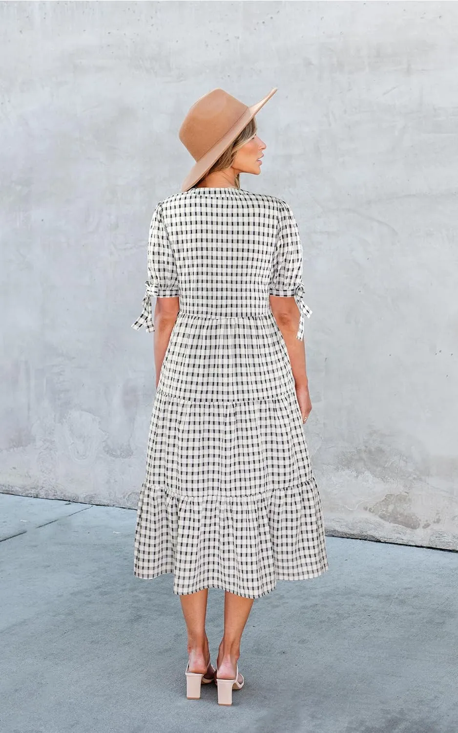ECOWISH Women Summer Casual Dress - V Neck Short Sleeve Gingham Midi Pleated Tiered Loose Fit Holiday Picnic Dresses