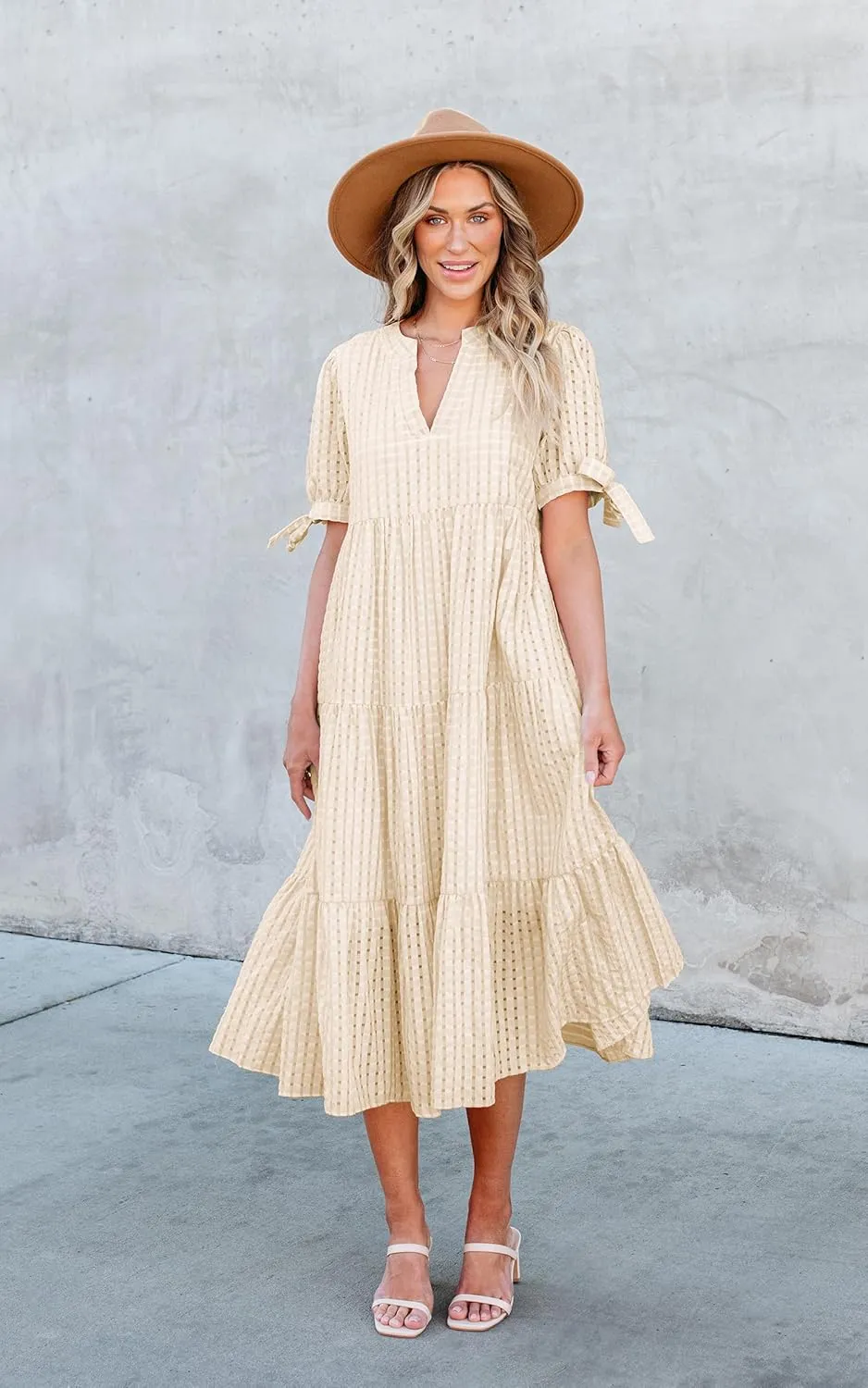 ECOWISH Women Summer Casual Dress - V Neck Short Sleeve Gingham Midi Pleated Tiered Loose Fit Holiday Picnic Dresses