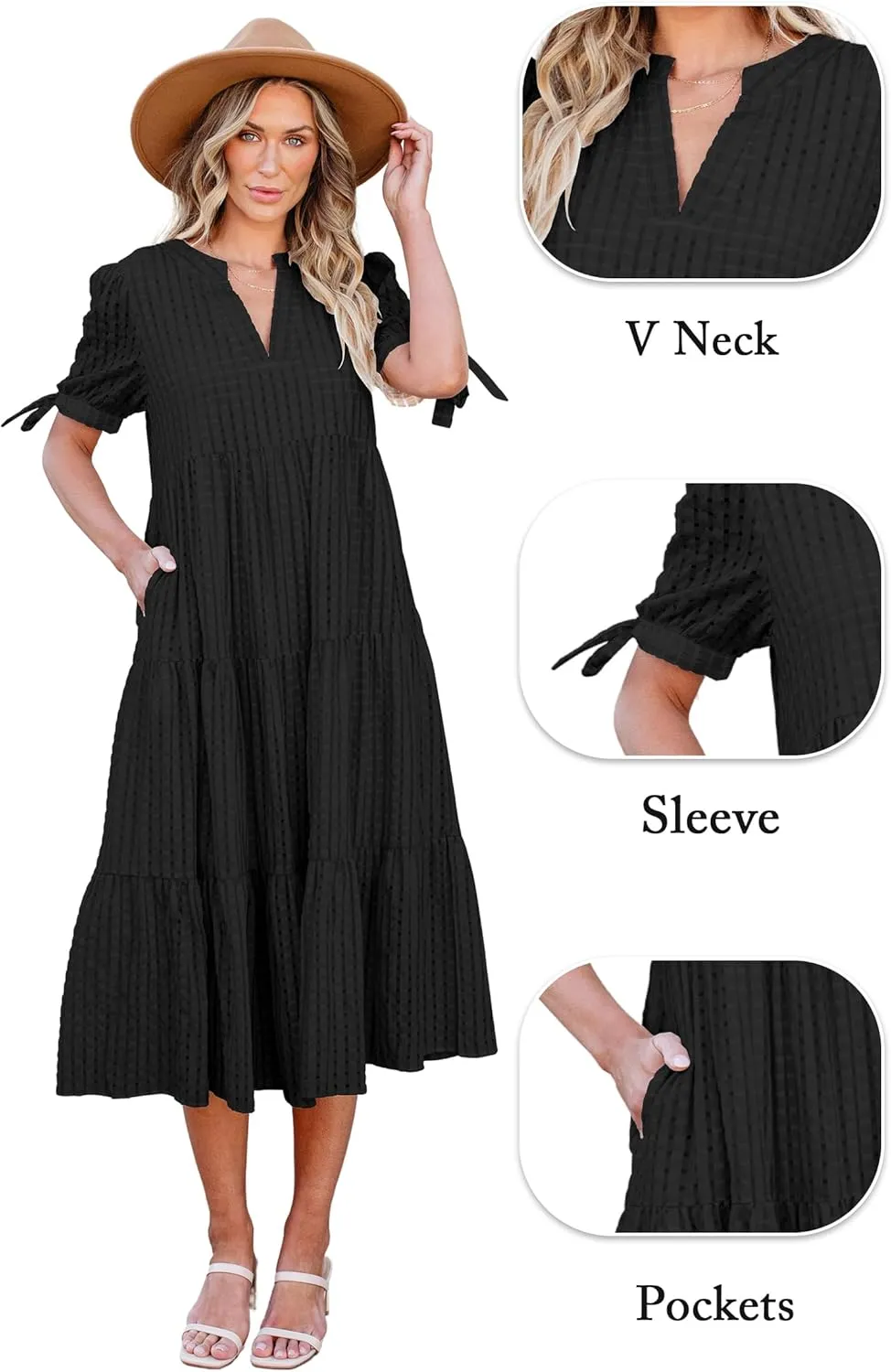 ECOWISH Women Summer Casual Dress - V Neck Short Sleeve Gingham Midi Pleated Tiered Loose Fit Holiday Picnic Dresses