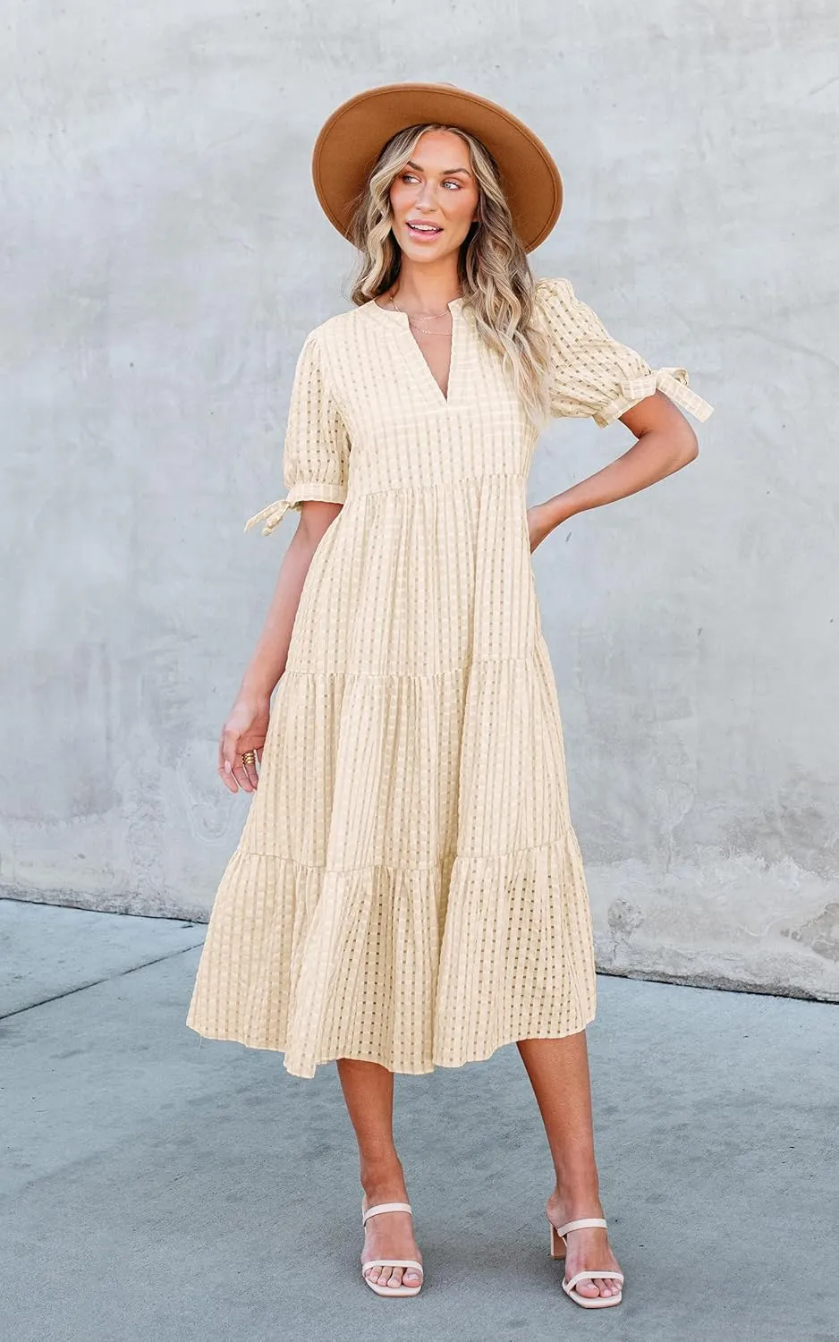 ECOWISH Women Summer Casual Dress - V Neck Short Sleeve Gingham Midi Pleated Tiered Loose Fit Holiday Picnic Dresses