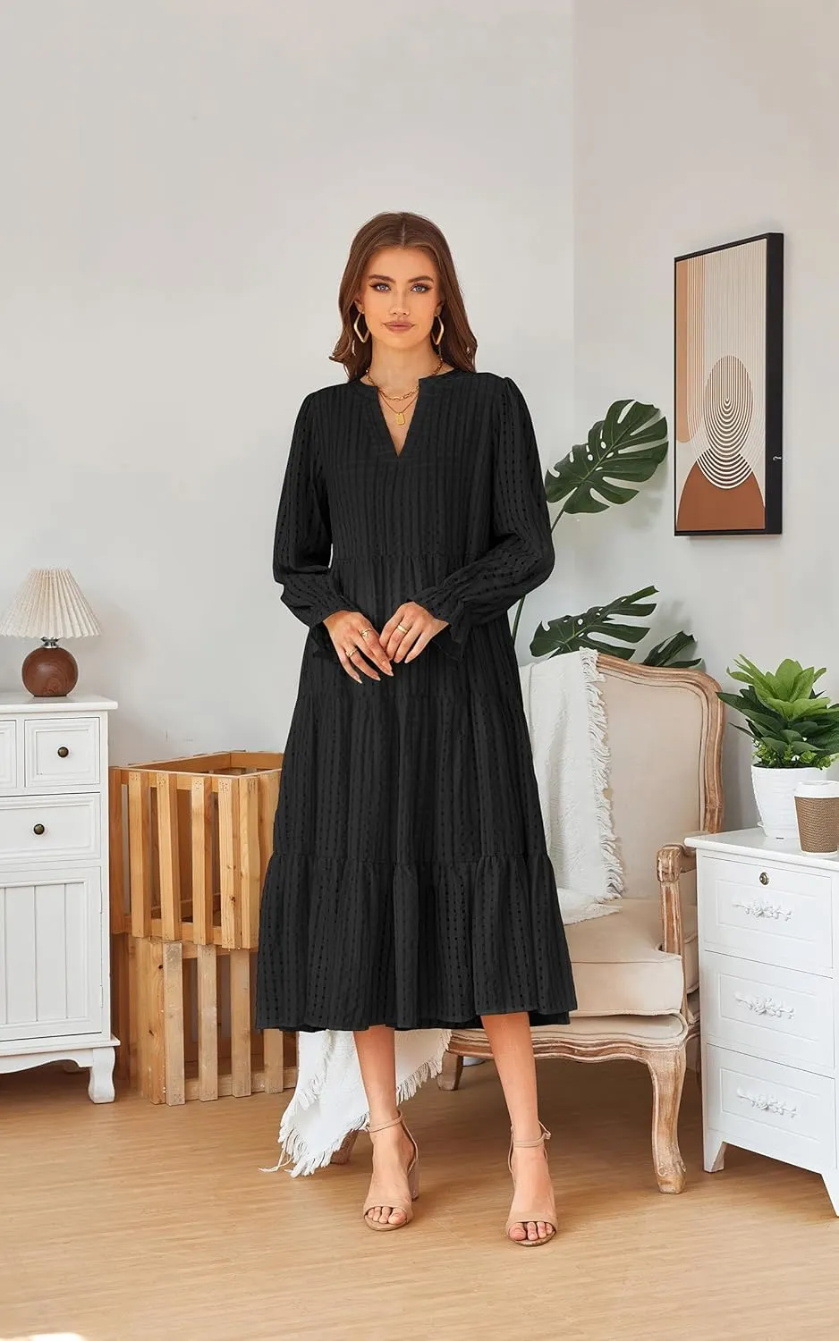 ECOWISH Women Summer Casual Dress - V Neck Short Sleeve Gingham Midi Pleated Tiered Loose Fit Holiday Picnic Dresses