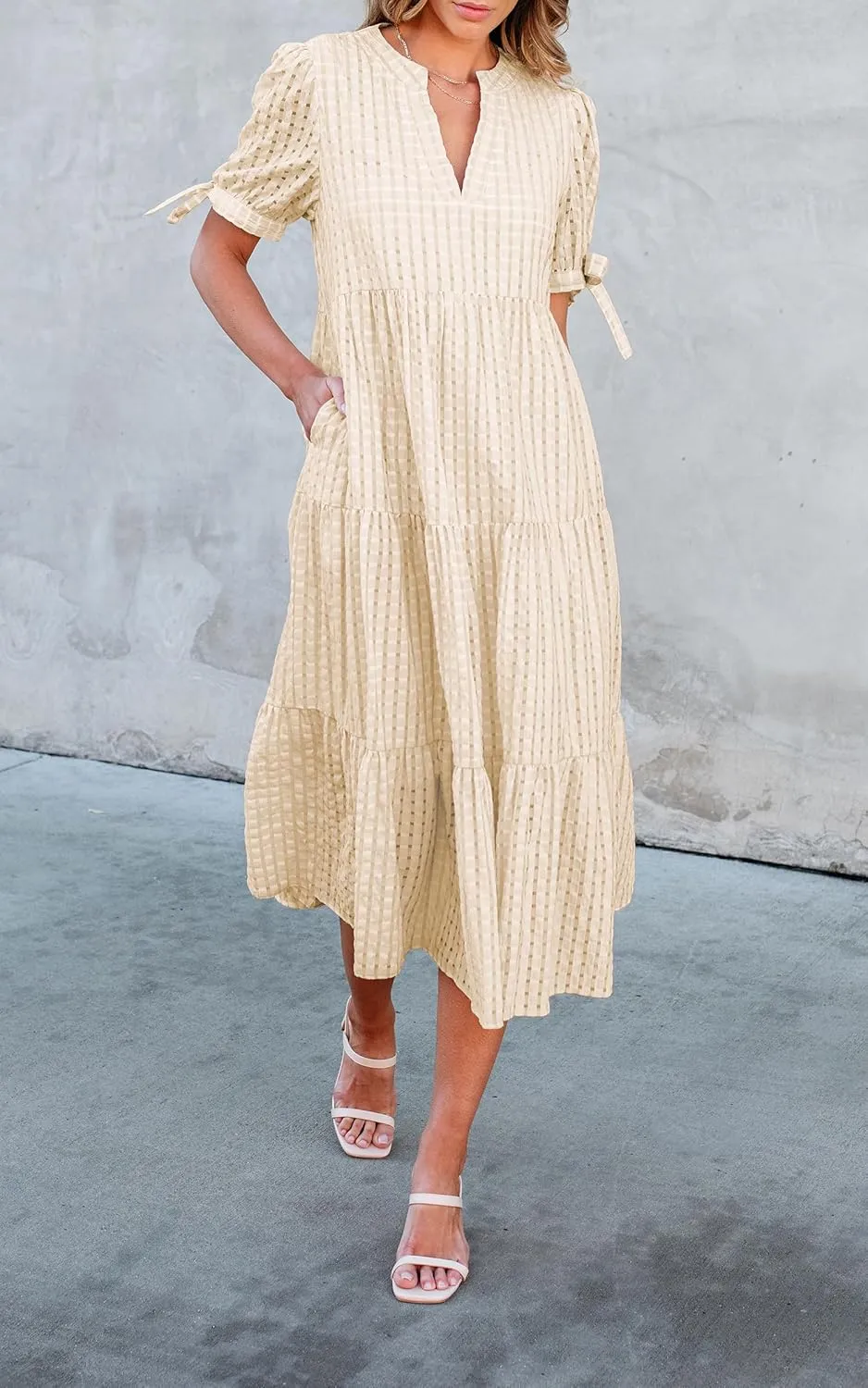 ECOWISH Women Summer Casual Dress - V Neck Short Sleeve Gingham Midi Pleated Tiered Loose Fit Holiday Picnic Dresses