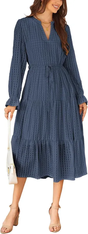 ECOWISH Women Summer Casual Dress - V Neck Short Sleeve Gingham Midi Pleated Tiered Loose Fit Holiday Picnic Dresses