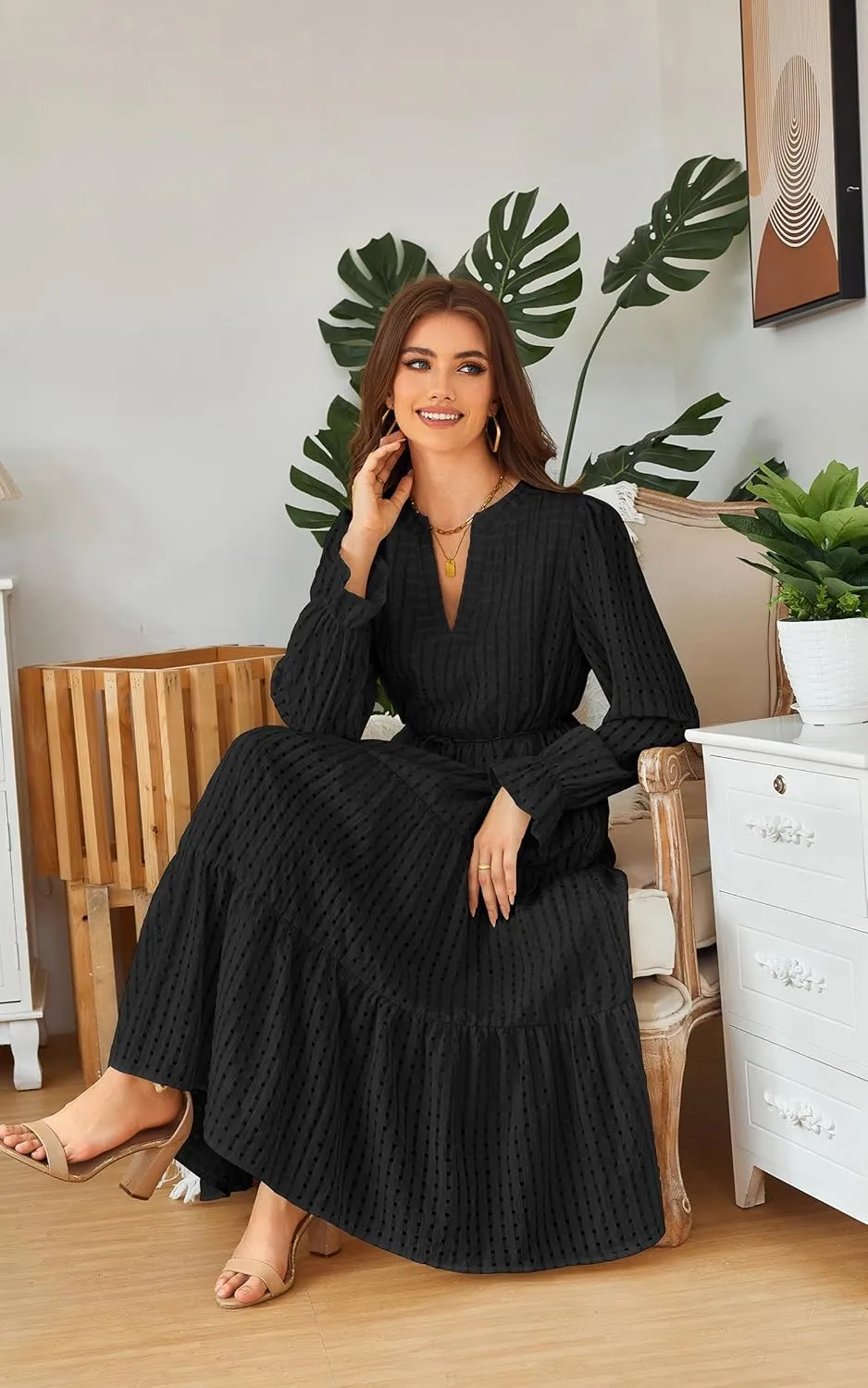ECOWISH Women Summer Casual Dress - V Neck Short Sleeve Gingham Midi Pleated Tiered Loose Fit Holiday Picnic Dresses
