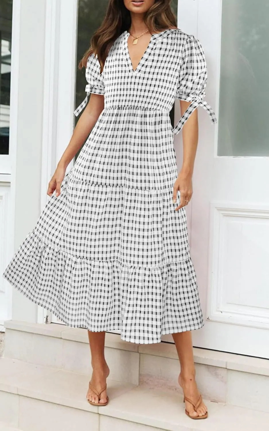 ECOWISH Women Summer Casual Dress - V Neck Short Sleeve Gingham Midi Pleated Tiered Loose Fit Holiday Picnic Dresses