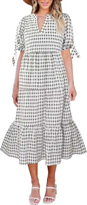 ECOWISH Women Summer Casual Dress - V Neck Short Sleeve Gingham Midi Pleated Tiered Loose Fit Holiday Picnic Dresses