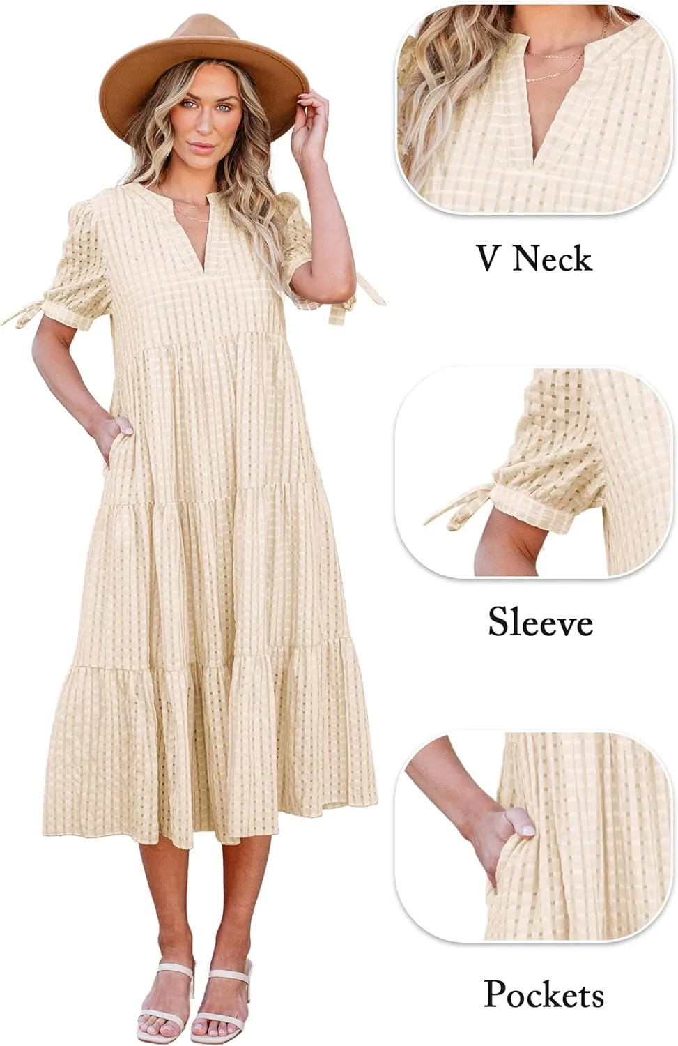 ECOWISH Women Summer Casual Dress - V Neck Short Sleeve Gingham Midi Pleated Tiered Loose Fit Holiday Picnic Dresses