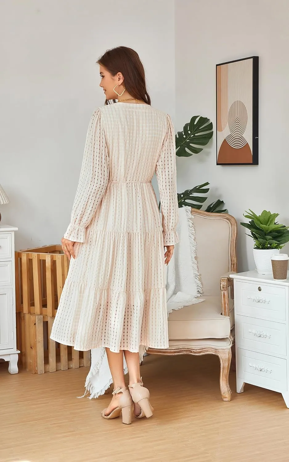 ECOWISH Women Summer Casual Dress - V Neck Short Sleeve Gingham Midi Pleated Tiered Loose Fit Holiday Picnic Dresses