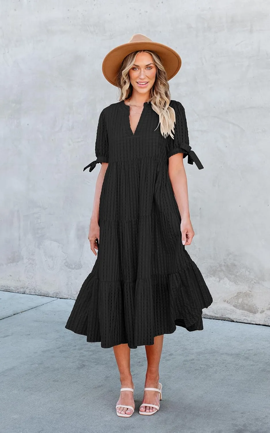 ECOWISH Women Summer Casual Dress - V Neck Short Sleeve Gingham Midi Pleated Tiered Loose Fit Holiday Picnic Dresses