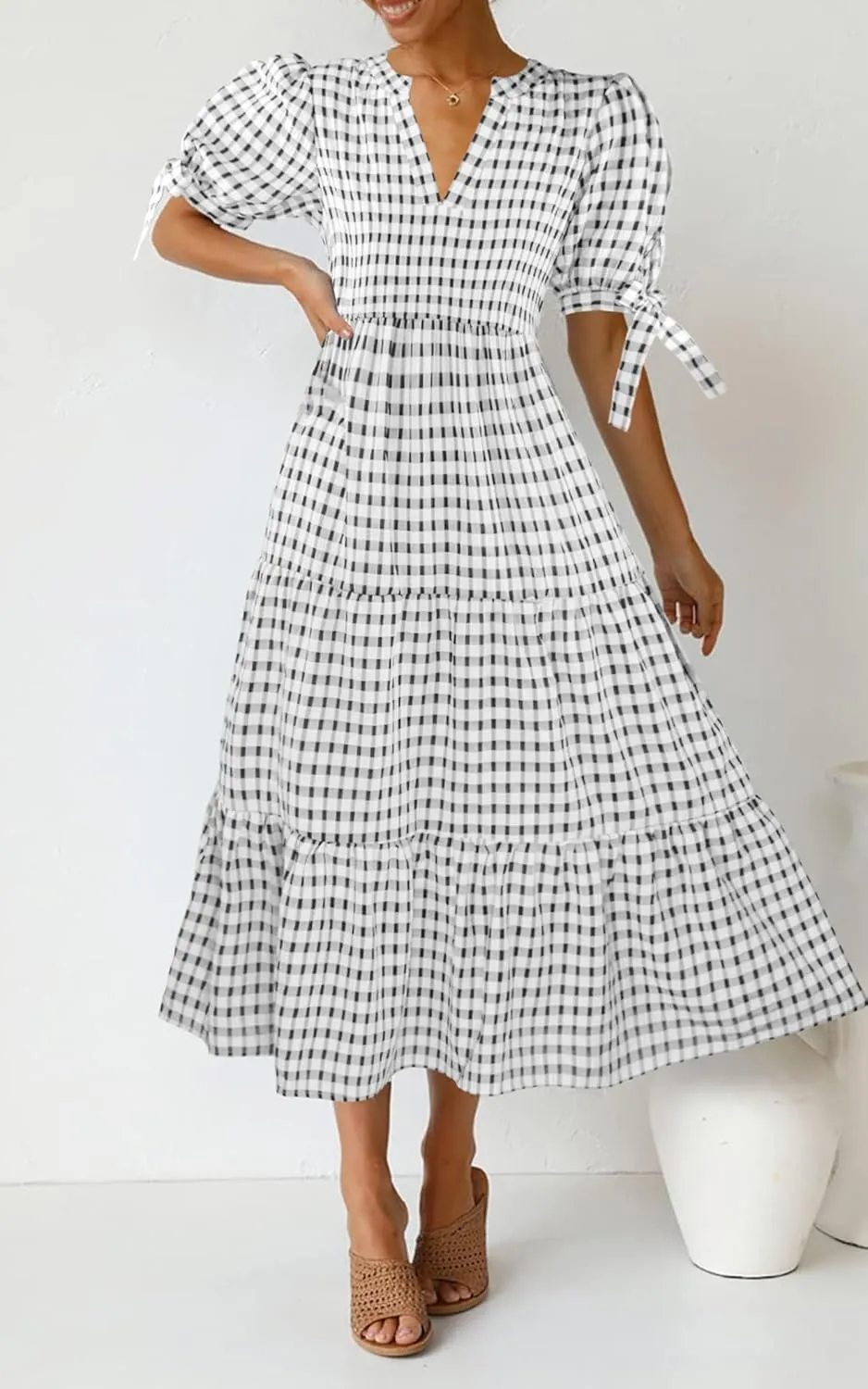 ECOWISH Women Summer Casual Dress - V Neck Short Sleeve Gingham Midi Pleated Tiered Loose Fit Holiday Picnic Dresses