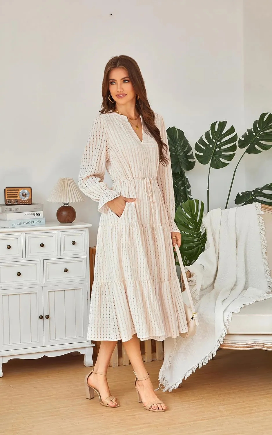 ECOWISH Women Summer Casual Dress - V Neck Short Sleeve Gingham Midi Pleated Tiered Loose Fit Holiday Picnic Dresses