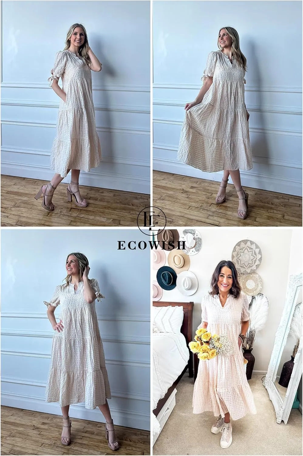 ECOWISH Women Summer Casual Dress - V Neck Short Sleeve Gingham Midi Pleated Tiered Loose Fit Holiday Picnic Dresses