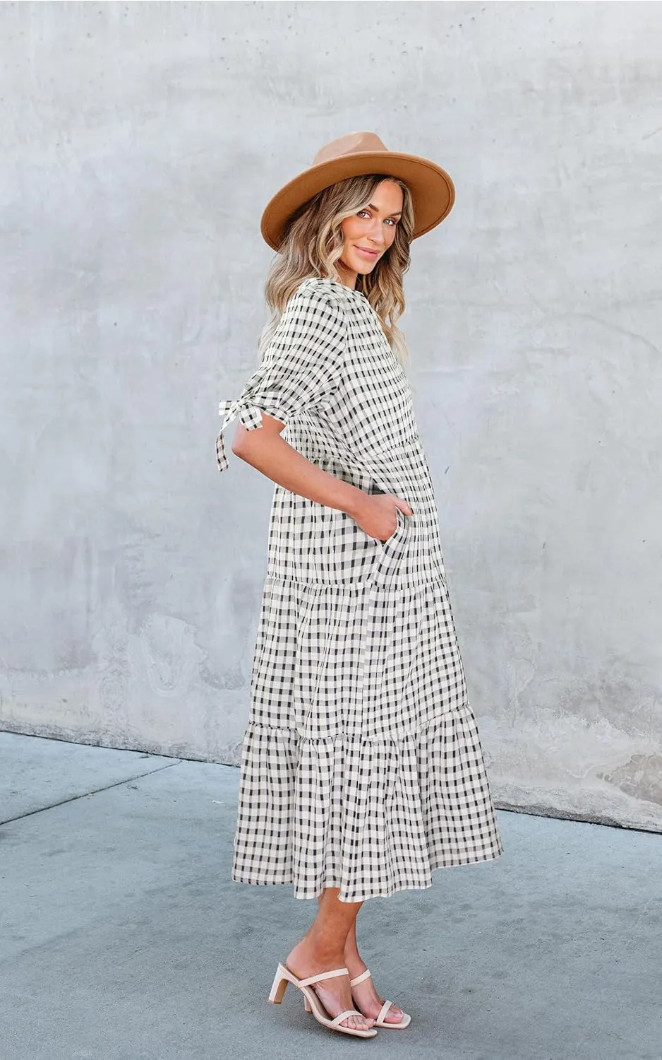 ECOWISH Women Summer Casual Dress - V Neck Short Sleeve Gingham Midi Pleated Tiered Loose Fit Holiday Picnic Dresses