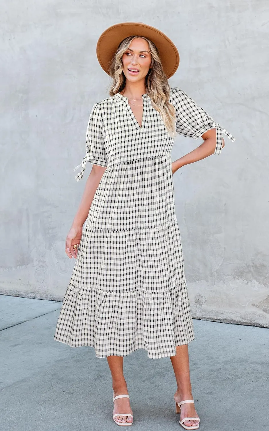 ECOWISH Women Summer Casual Dress - V Neck Short Sleeve Gingham Midi Pleated Tiered Loose Fit Holiday Picnic Dresses