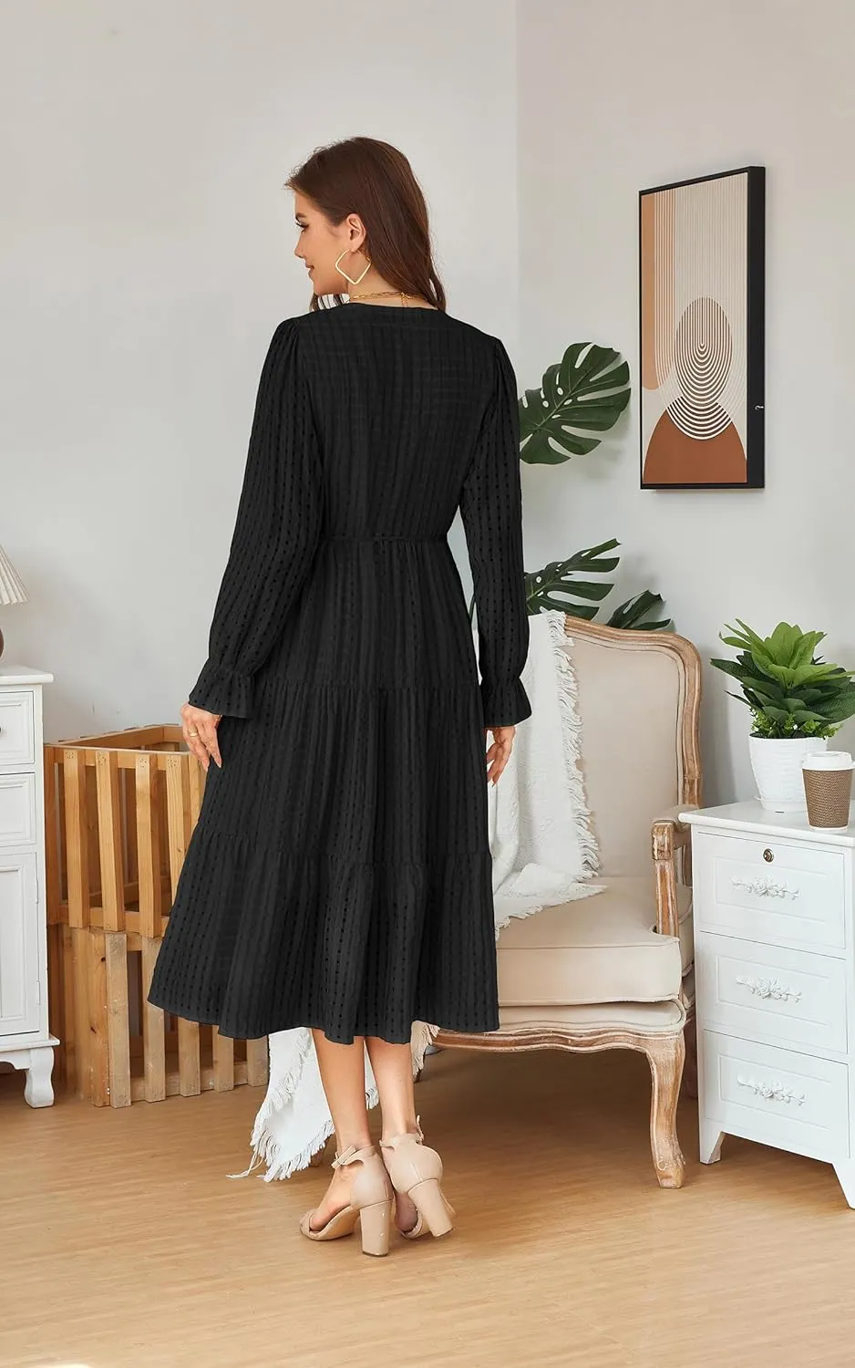 ECOWISH Women Summer Casual Dress - V Neck Short Sleeve Gingham Midi Pleated Tiered Loose Fit Holiday Picnic Dresses