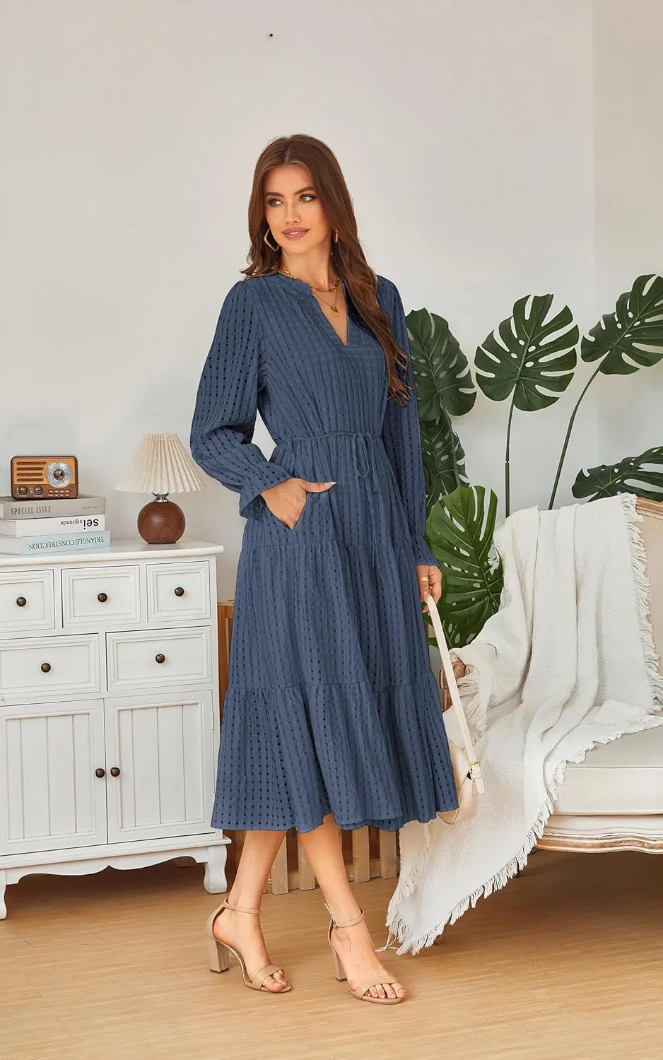 ECOWISH Women Summer Casual Dress - V Neck Short Sleeve Gingham Midi Pleated Tiered Loose Fit Holiday Picnic Dresses