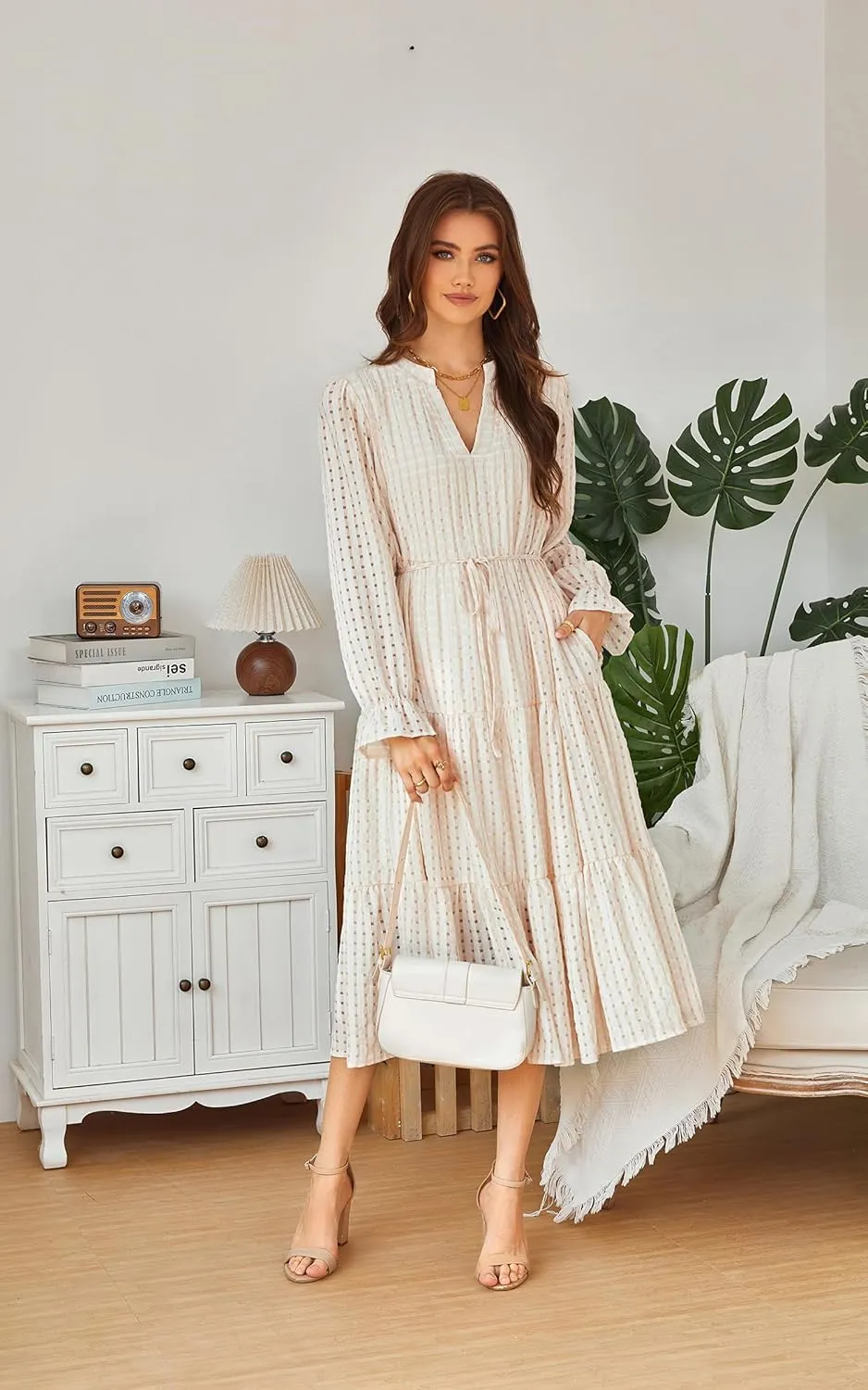 ECOWISH Women Summer Casual Dress - V Neck Short Sleeve Gingham Midi Pleated Tiered Loose Fit Holiday Picnic Dresses