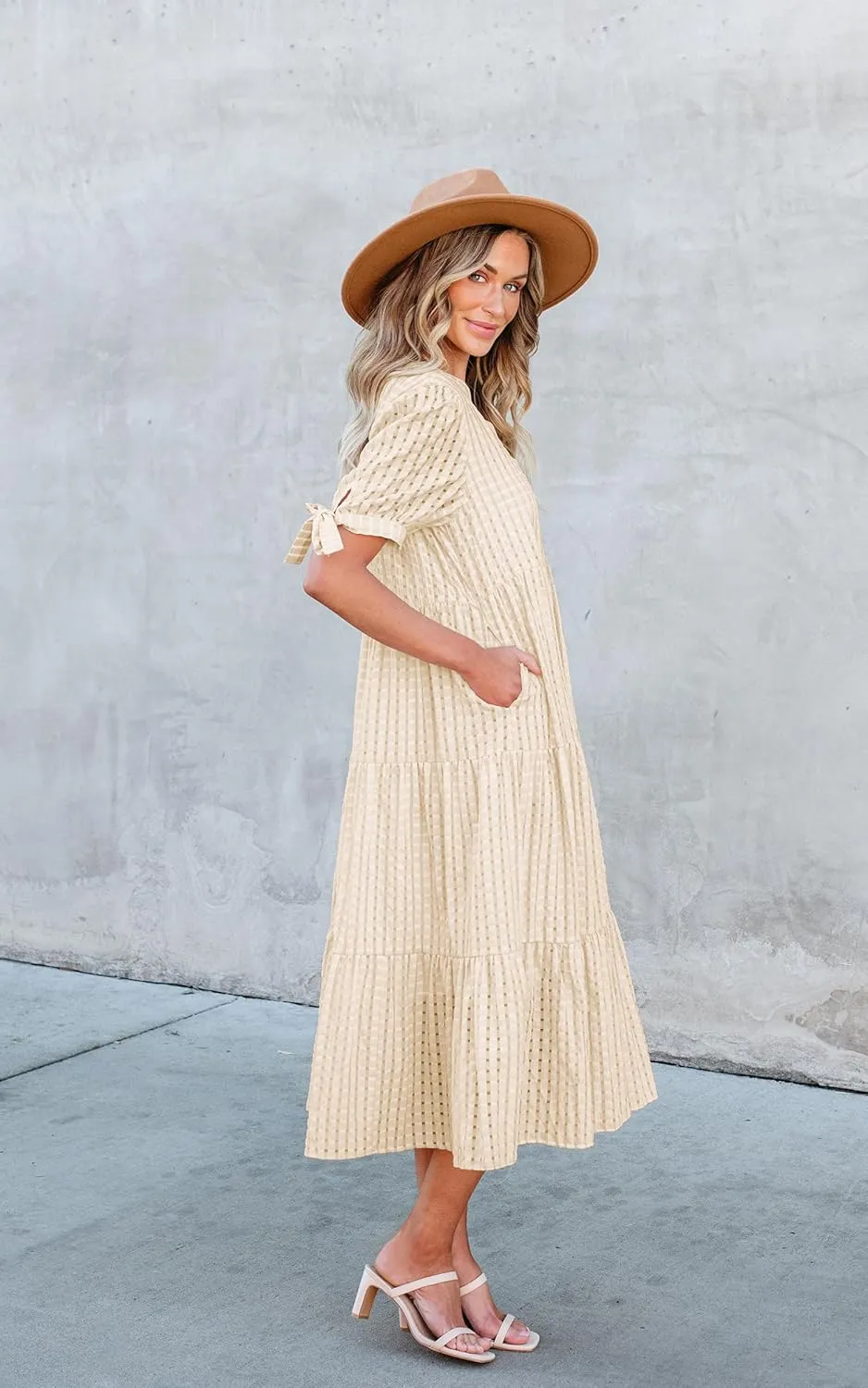 ECOWISH Women Summer Casual Dress - V Neck Short Sleeve Gingham Midi Pleated Tiered Loose Fit Holiday Picnic Dresses