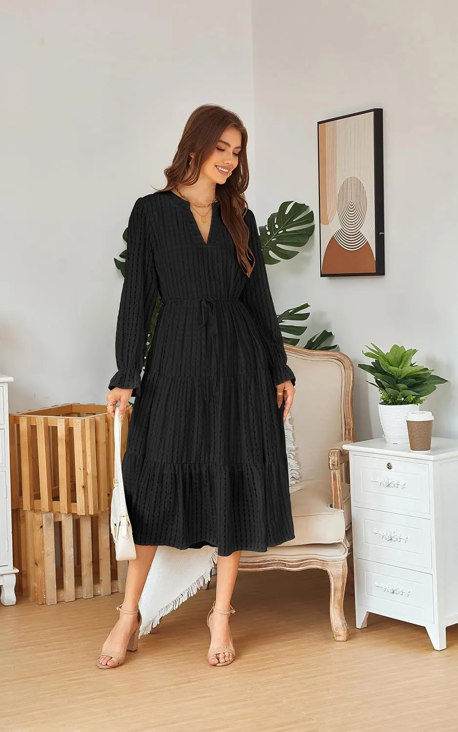 ECOWISH Women Summer Casual Dress - V Neck Short Sleeve Gingham Midi Pleated Tiered Loose Fit Holiday Picnic Dresses