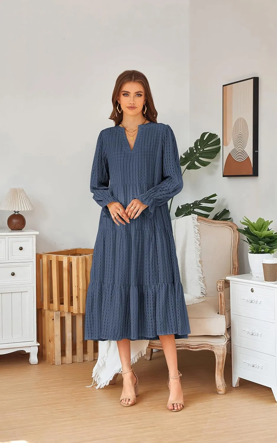 ECOWISH Women Summer Casual Dress - V Neck Short Sleeve Gingham Midi Pleated Tiered Loose Fit Holiday Picnic Dresses