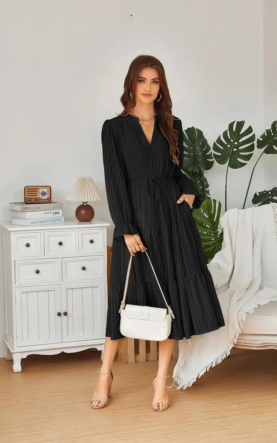 ECOWISH Women Summer Casual Dress - V Neck Short Sleeve Gingham Midi Pleated Tiered Loose Fit Holiday Picnic Dresses