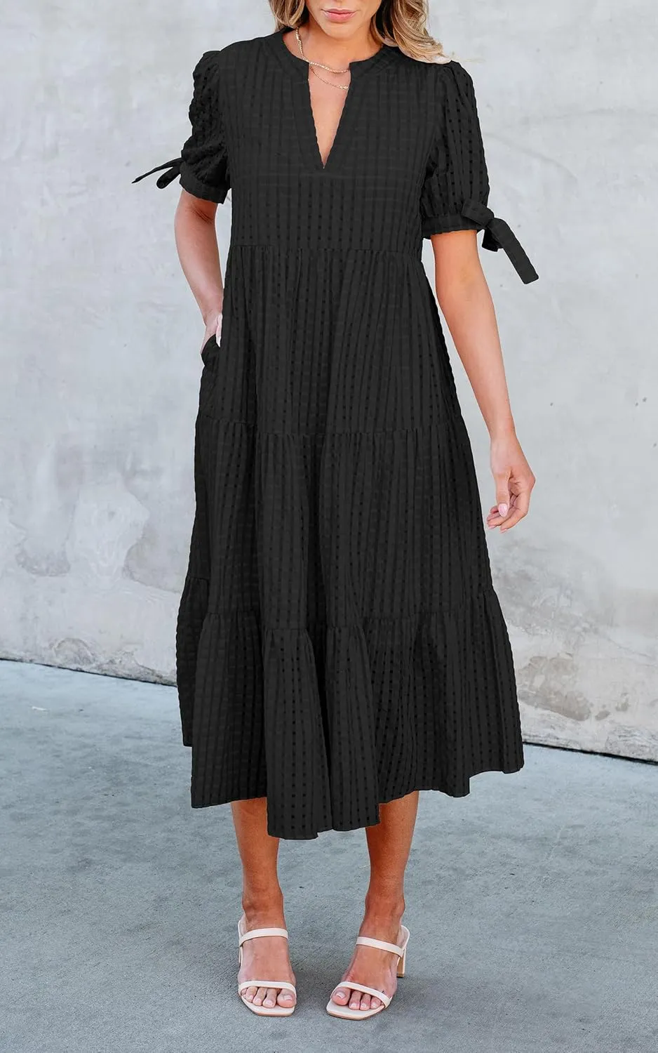 ECOWISH Women Summer Casual Dress - V Neck Short Sleeve Gingham Midi Pleated Tiered Loose Fit Holiday Picnic Dresses
