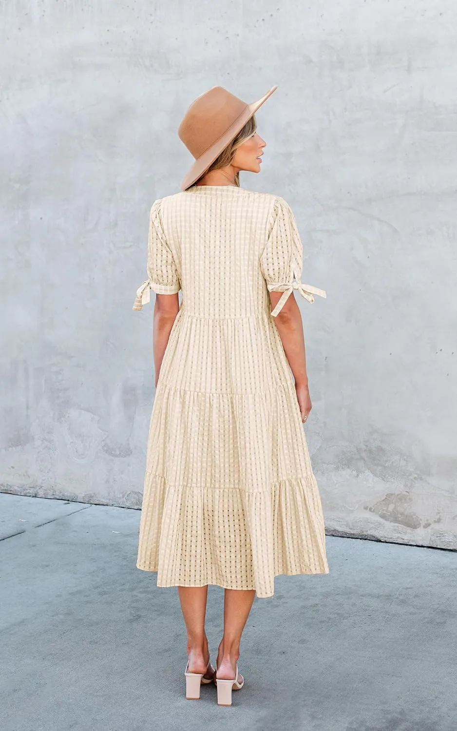 ECOWISH Women Summer Casual Dress - V Neck Short Sleeve Gingham Midi Pleated Tiered Loose Fit Holiday Picnic Dresses