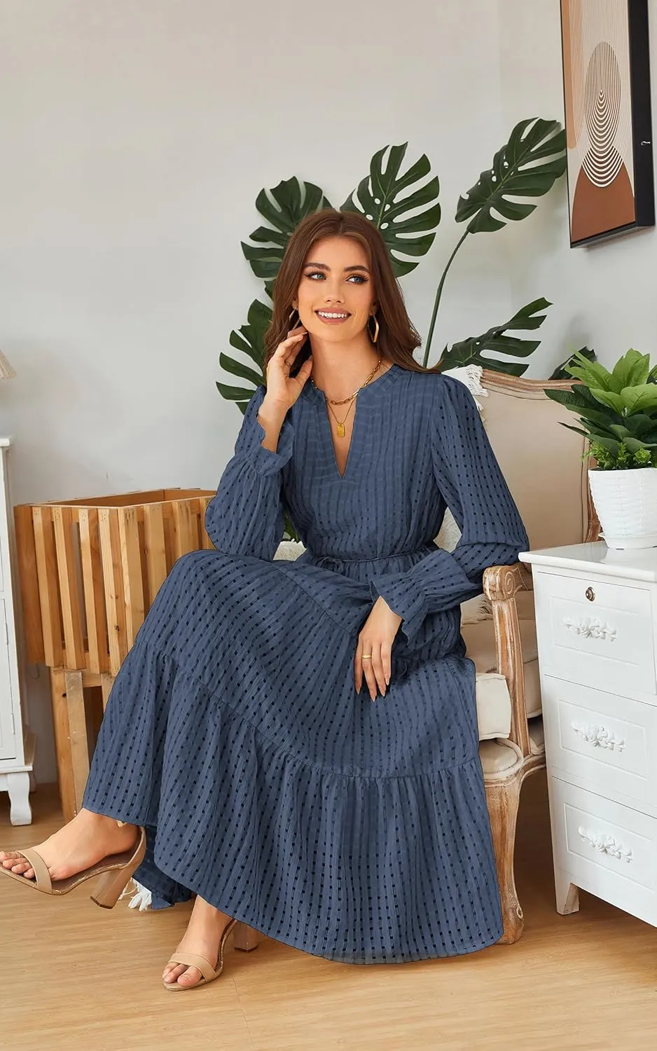 ECOWISH Women Summer Casual Dress - V Neck Short Sleeve Gingham Midi Pleated Tiered Loose Fit Holiday Picnic Dresses
