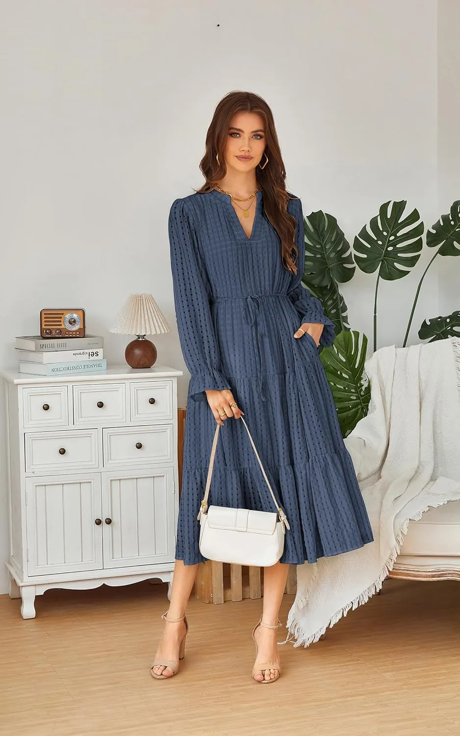 ECOWISH Women Summer Casual Dress - V Neck Short Sleeve Gingham Midi Pleated Tiered Loose Fit Holiday Picnic Dresses