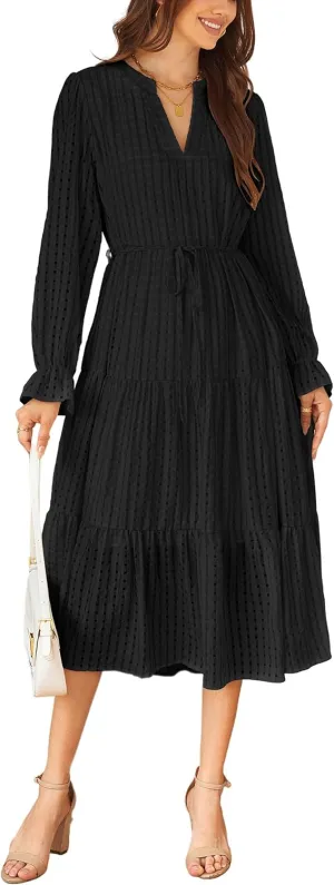 ECOWISH Women Summer Casual Dress - V Neck Short Sleeve Gingham Midi Pleated Tiered Loose Fit Holiday Picnic Dresses