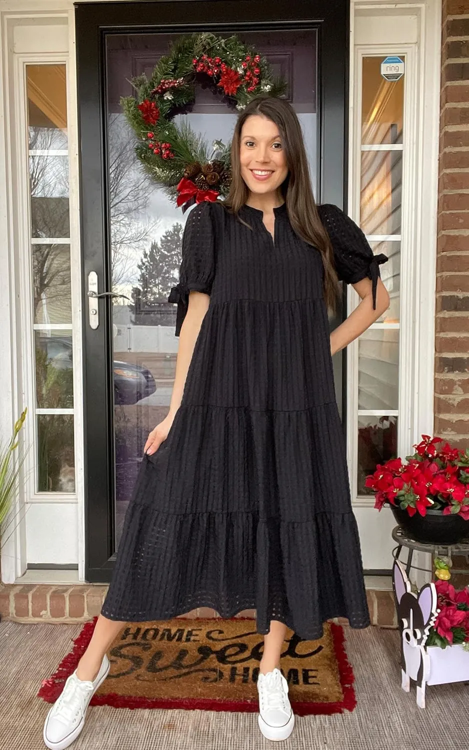 ECOWISH Women Summer Casual Dress - V Neck Short Sleeve Gingham Midi Pleated Tiered Loose Fit Holiday Picnic Dresses