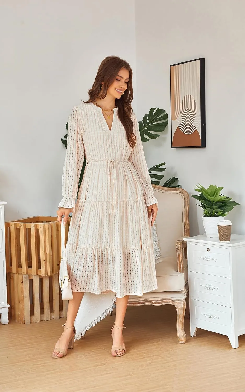 ECOWISH Women Summer Casual Dress - V Neck Short Sleeve Gingham Midi Pleated Tiered Loose Fit Holiday Picnic Dresses