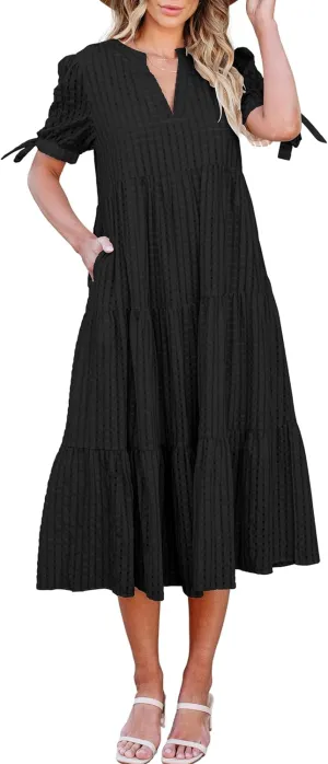 ECOWISH Women Summer Casual Dress - V Neck Short Sleeve Gingham Midi Pleated Tiered Loose Fit Holiday Picnic Dresses