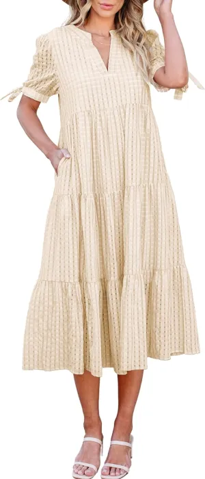 ECOWISH Women Summer Casual Dress - V Neck Short Sleeve Gingham Midi Pleated Tiered Loose Fit Holiday Picnic Dresses