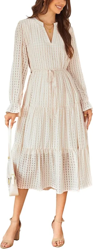 ECOWISH Women Summer Casual Dress - V Neck Short Sleeve Gingham Midi Pleated Tiered Loose Fit Holiday Picnic Dresses