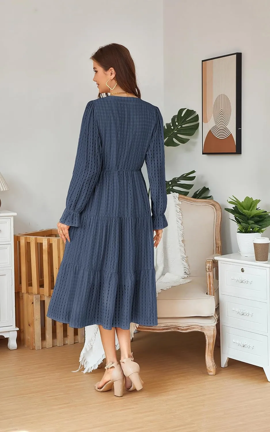 ECOWISH Women Summer Casual Dress - V Neck Short Sleeve Gingham Midi Pleated Tiered Loose Fit Holiday Picnic Dresses