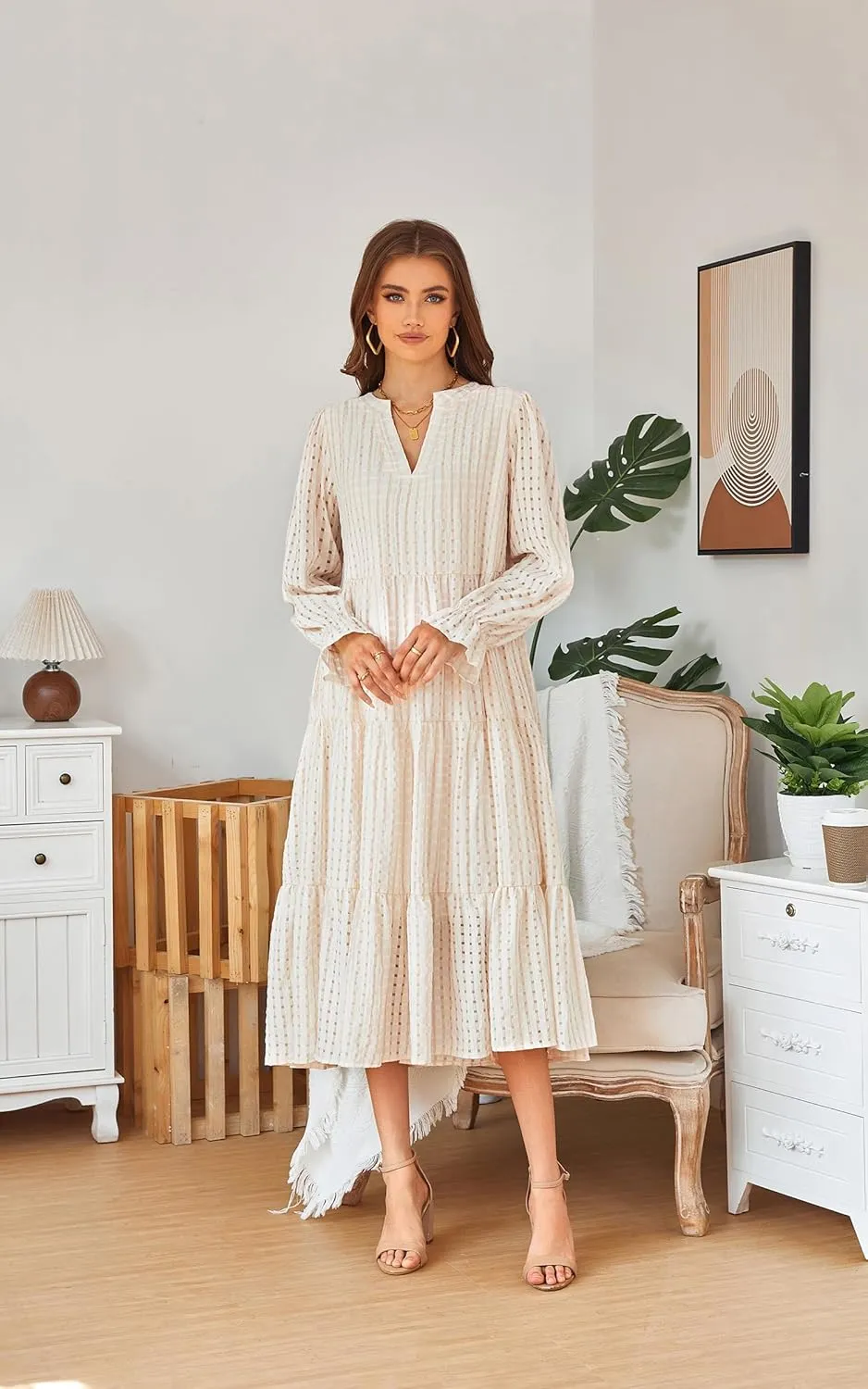 ECOWISH Women Summer Casual Dress - V Neck Short Sleeve Gingham Midi Pleated Tiered Loose Fit Holiday Picnic Dresses