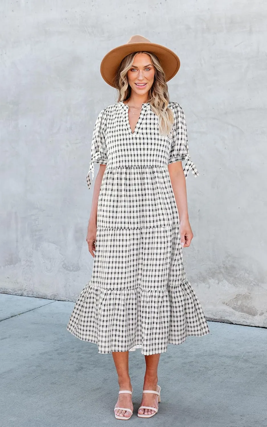 ECOWISH Women Summer Casual Dress - V Neck Short Sleeve Gingham Midi Pleated Tiered Loose Fit Holiday Picnic Dresses