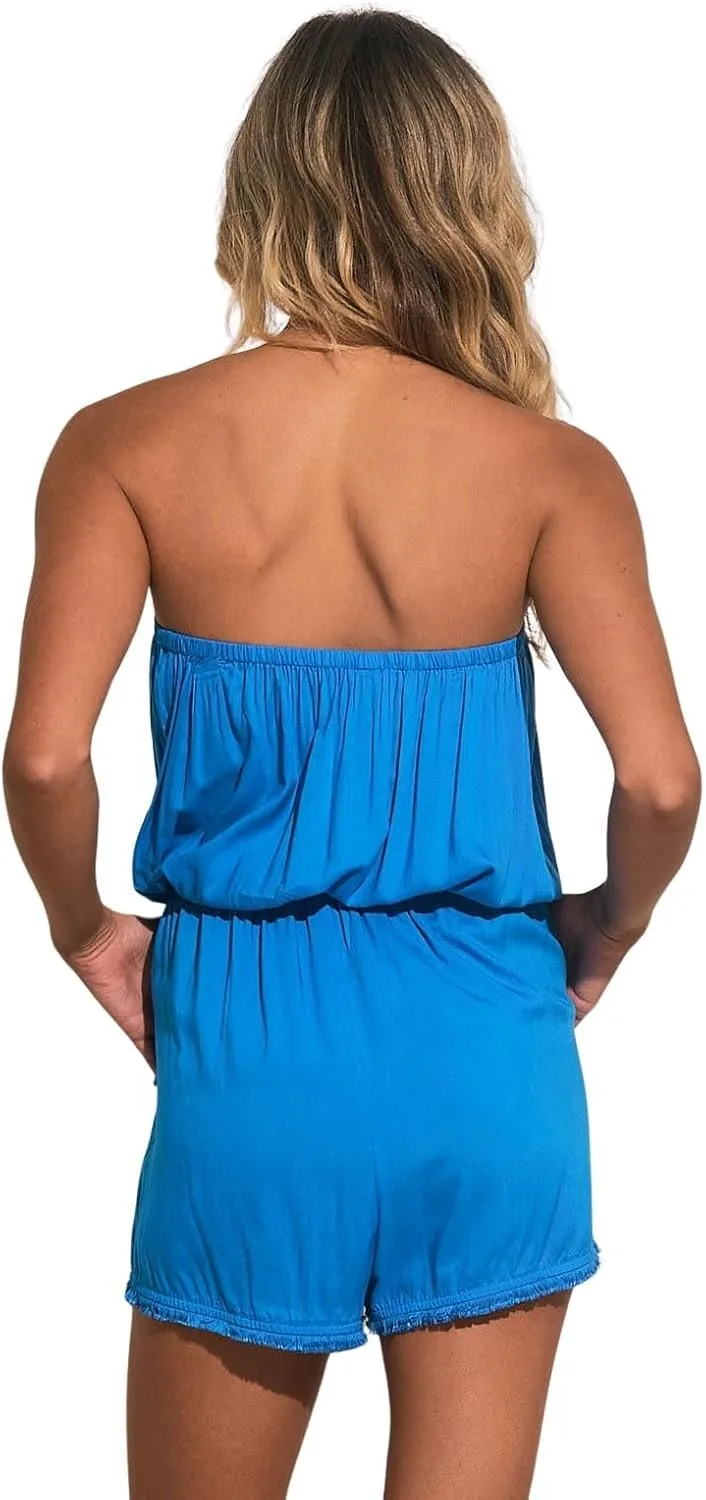 ELAN Women's Strapless Off-Shoulder Ruffle Bottom Romper