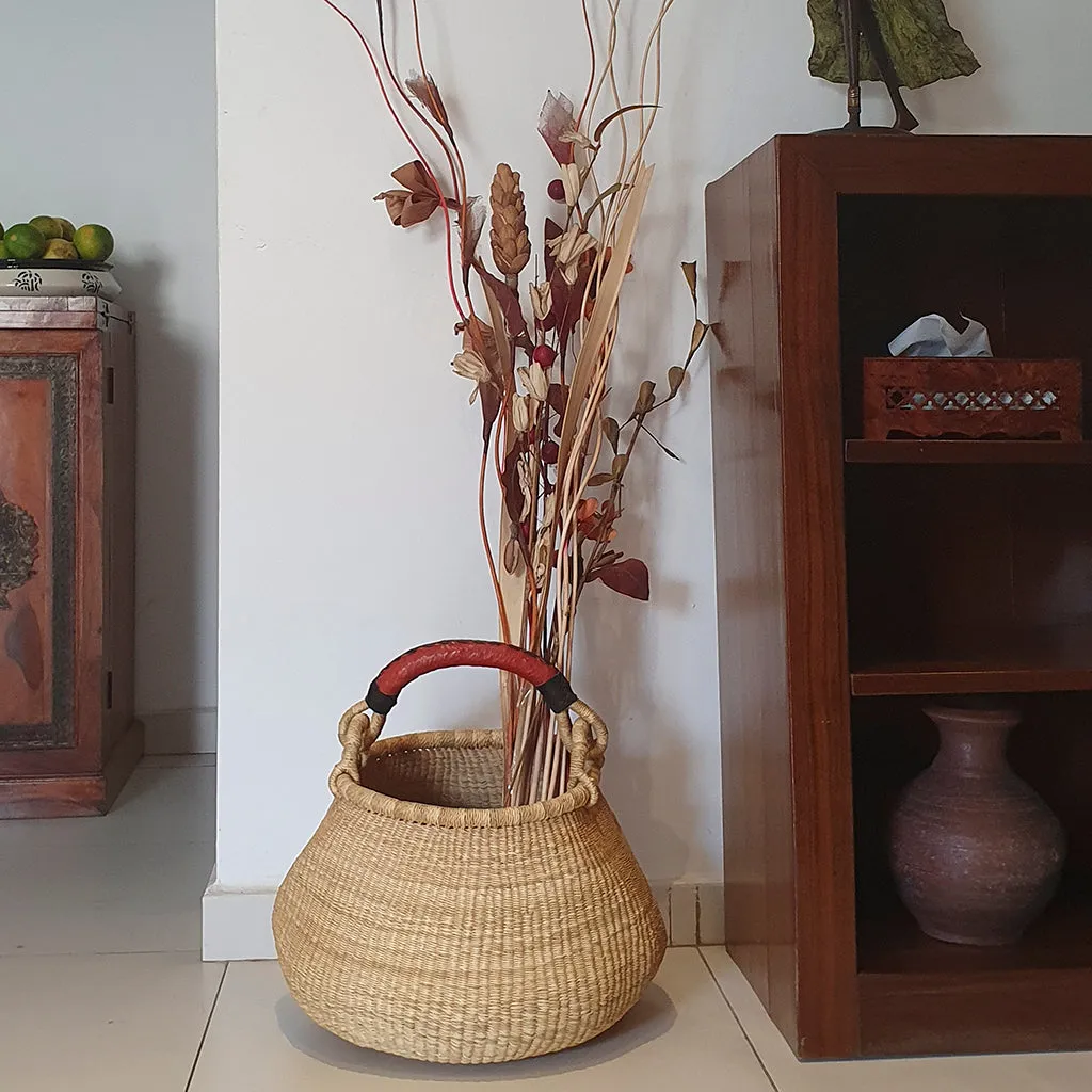 Elegant Round Small Bolga Basket with Red Leather Handle