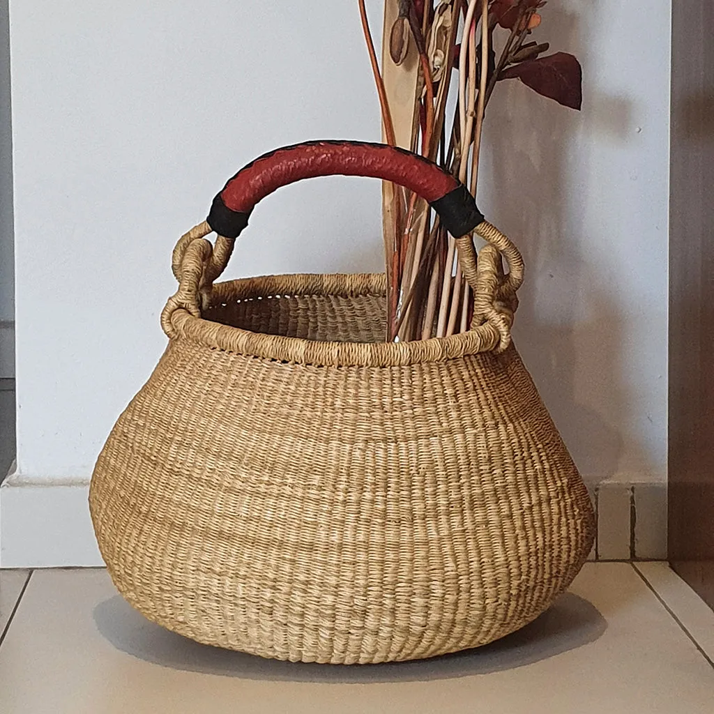 Elegant Round Small Bolga Basket with Red Leather Handle