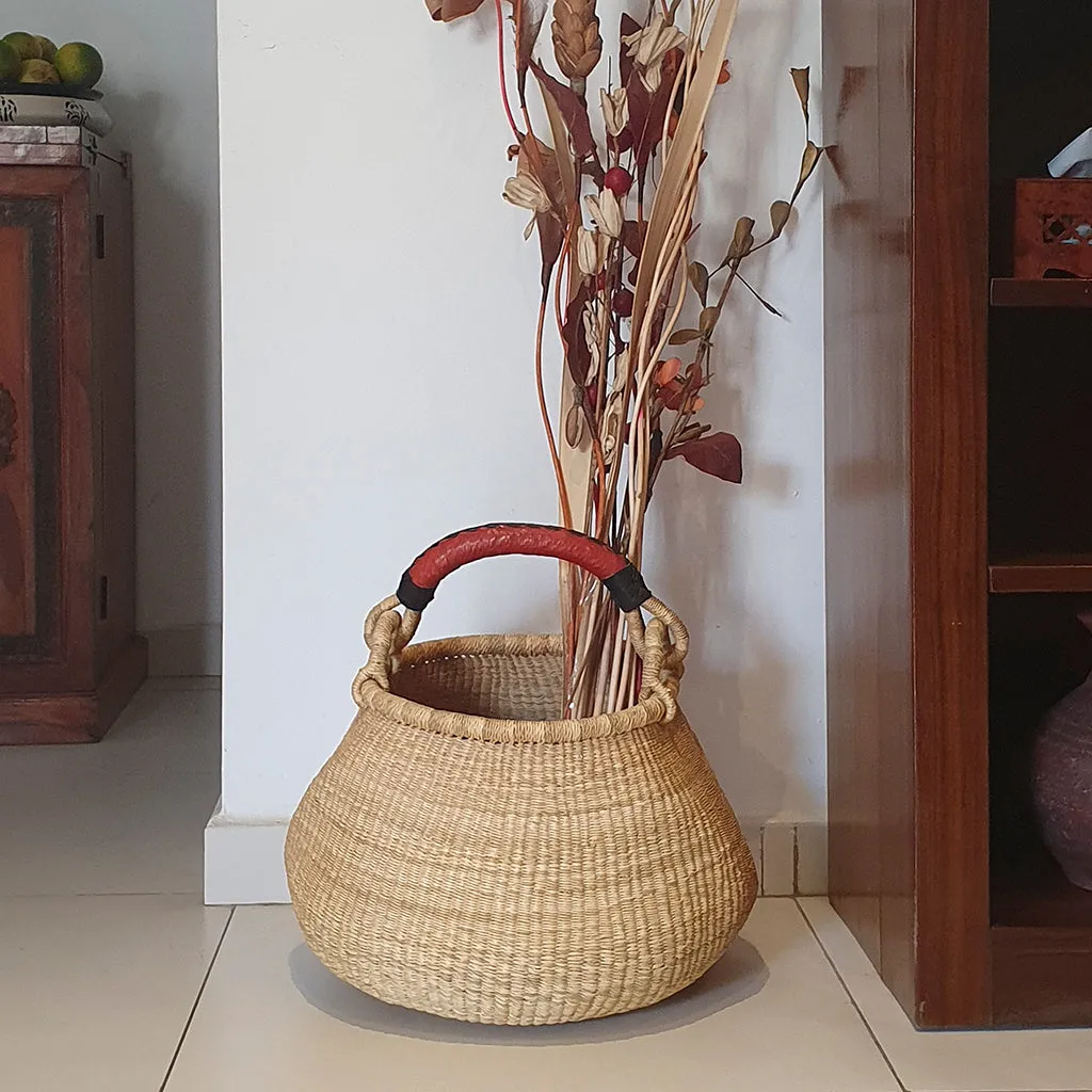 Elegant Round Small Bolga Basket with Red Leather Handle