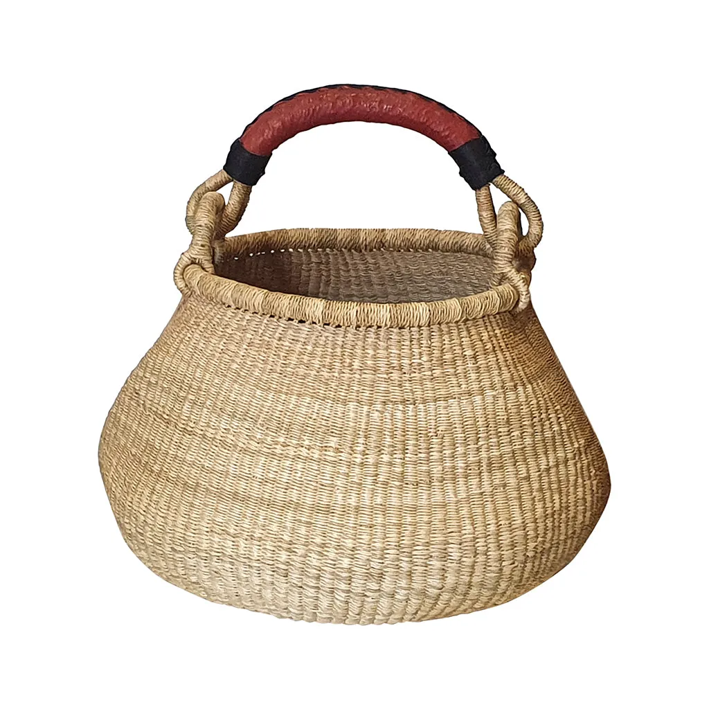 Elegant Round Small Bolga Basket with Red Leather Handle