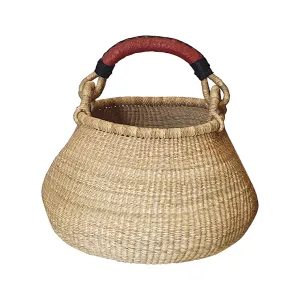 Elegant Round Small Bolga Basket with Red Leather Handle
