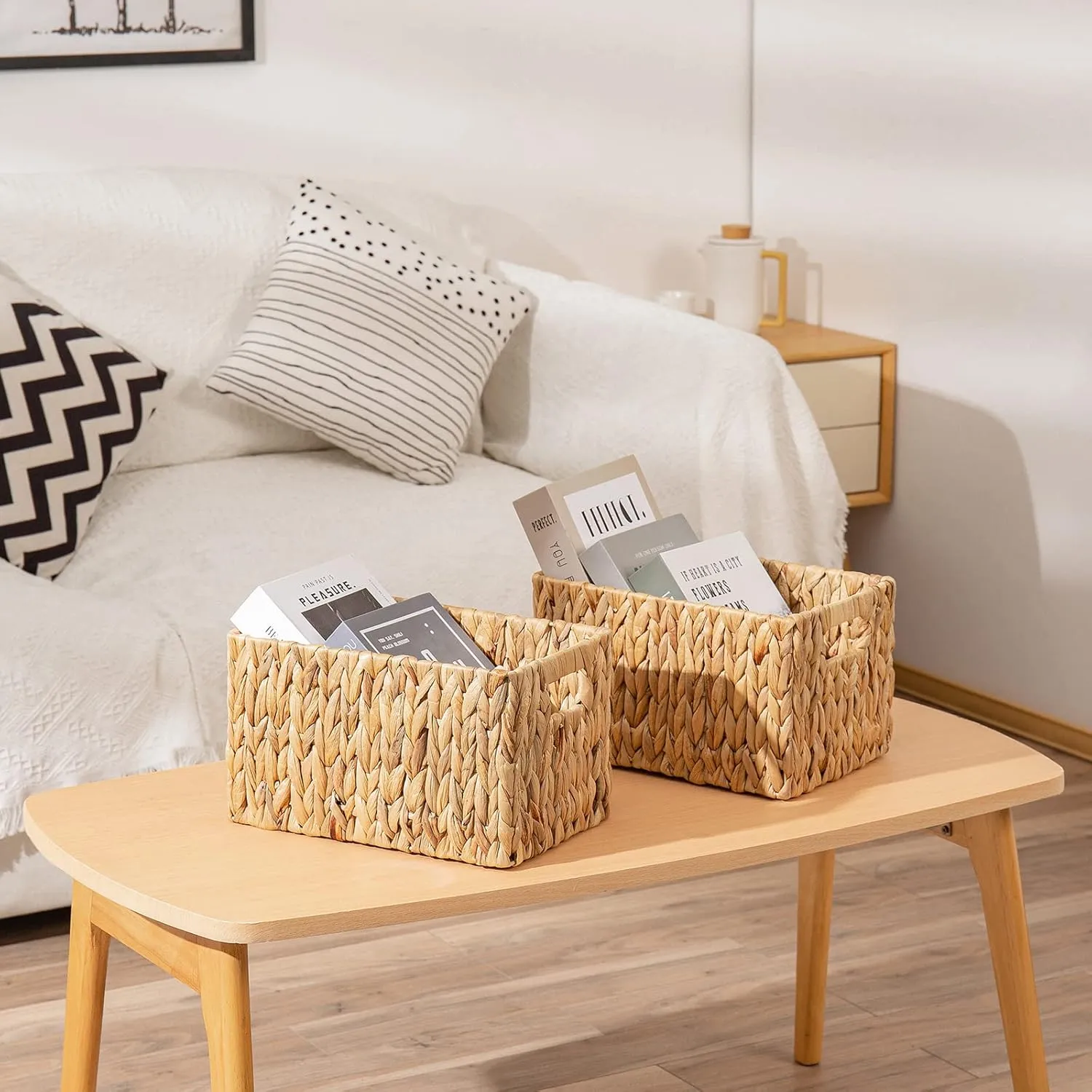 ELONG HOME Water Hyacinth Rectangular Wicker Baskets, 12" Wicker Basket 2 Pack, Woven Storage Baskets with Handles