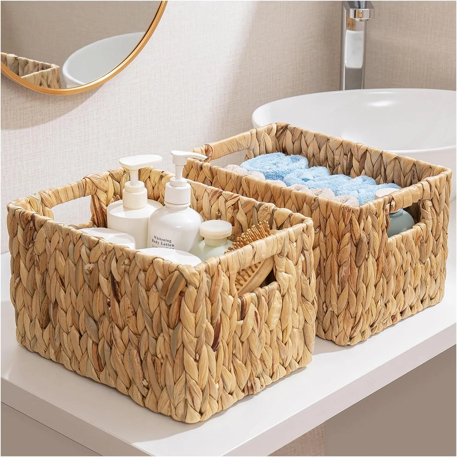 ELONG HOME Water Hyacinth Rectangular Wicker Baskets, 12" Wicker Basket 2 Pack, Woven Storage Baskets with Handles