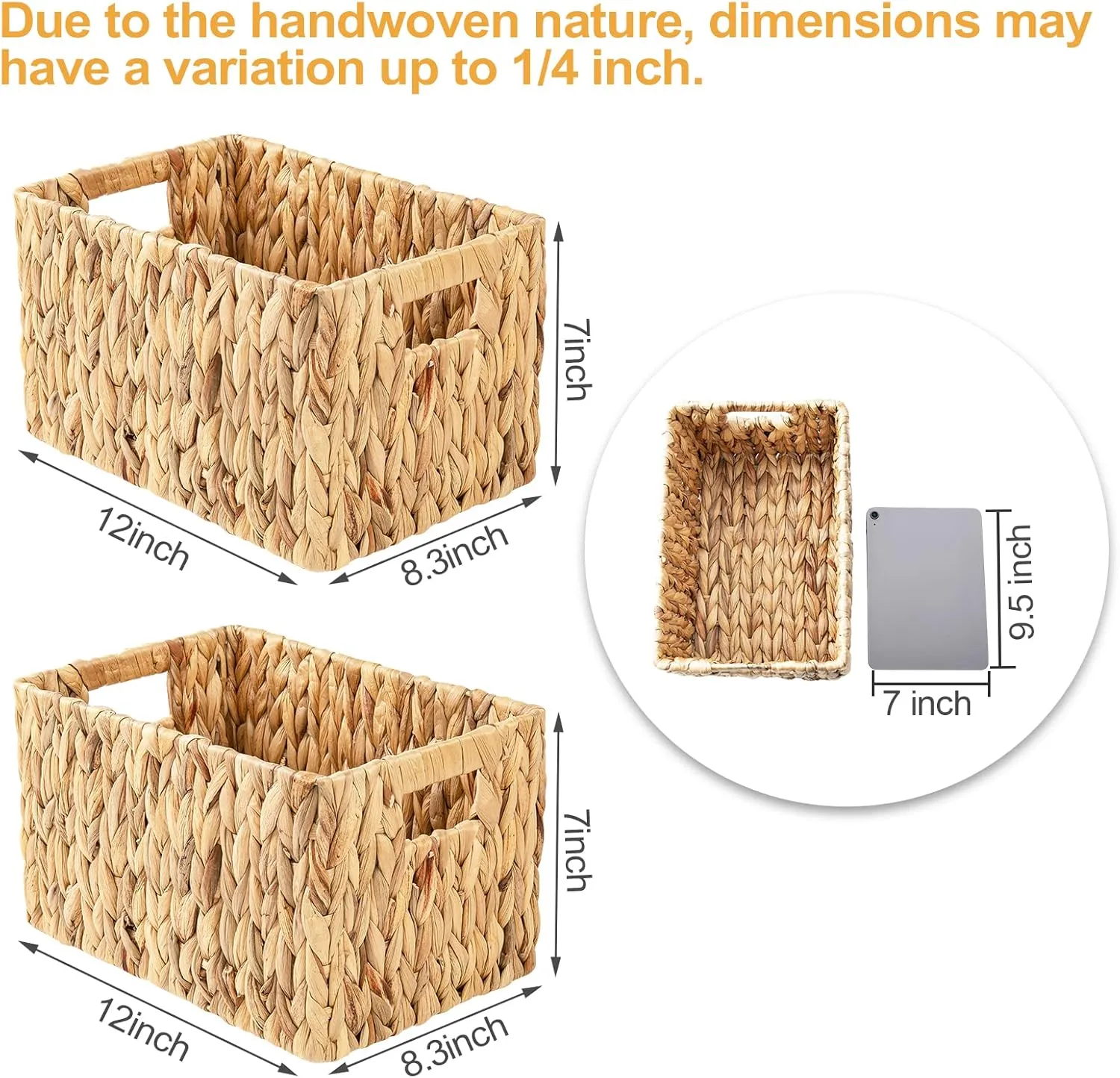 ELONG HOME Water Hyacinth Rectangular Wicker Baskets, 12" Wicker Basket 2 Pack, Woven Storage Baskets with Handles