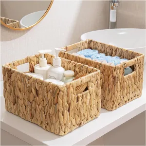 ELONG HOME Water Hyacinth Rectangular Wicker Baskets, 12" Wicker Basket 2 Pack, Woven Storage Baskets with Handles